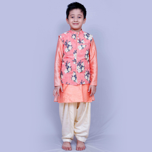 Silk Kurta Pajama Set In Peach Colour